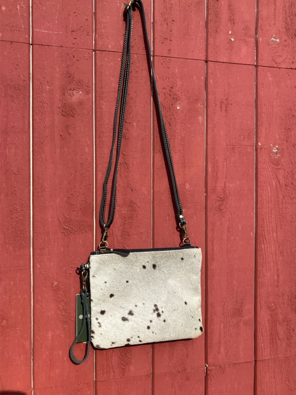 Black & White Cow Hair Crossbody with Genuine Leather Accents and Wrist Strap